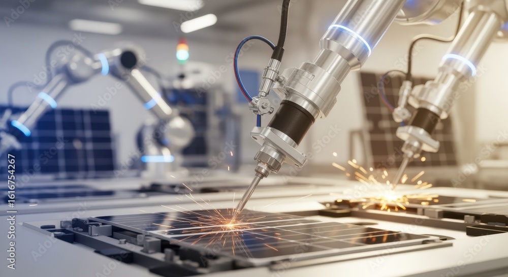 Poster precision machines soldering solar cells during automated panel assembly process.