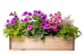 Rustic wooden planter overflowing with blooms