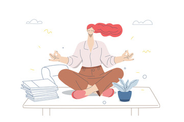 A businesswoman is sitting in a lotus position meditating peacefully on her desk with documents, Concept of work-life balance, Stress management, Mindfulness at work. Flat vector illustration.