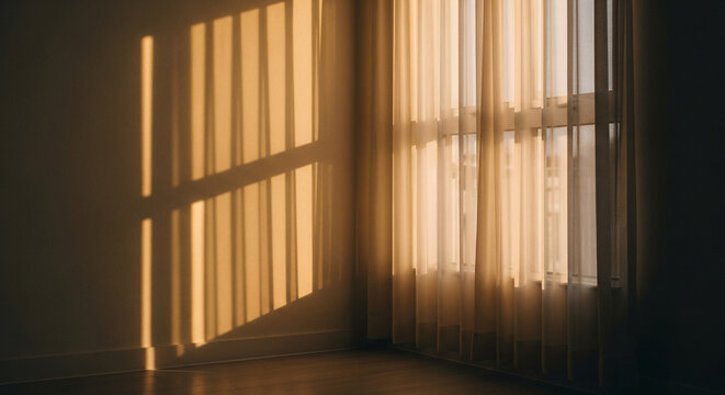 Warm sunlight streams through sheer curtains casting striped shadows on a modern wall