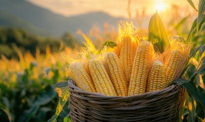 ripe fresh yellow corncob or maizecob in a wooden basket beside agriculture plantation field at countryside farm.	