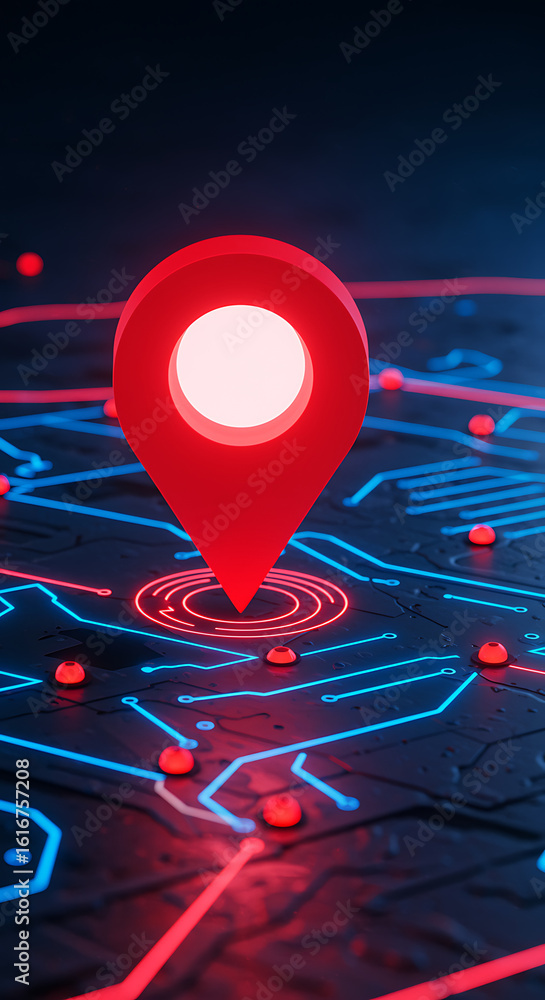 Poster a 3d red location pin on a futuristic digital map with glowing circuit pathways. a concept for moder