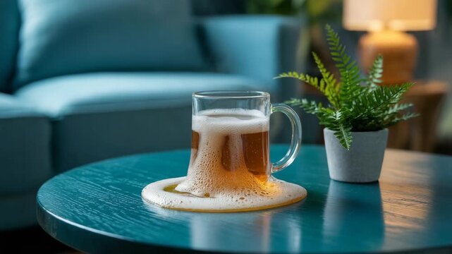 Amber Beer Mug Overflowing with Foam onto a Textured Blue Table, Creating a Mess in a Relaxed Home Setting with Green Plant