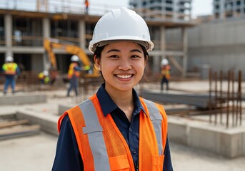 Smiling Construction Worker Wearing Safety Gear at Building Site