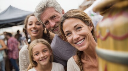 Obraz premium Medium shot of a smiling family gathered around a decorated rain barrel the barrel in crisp focus while the crowd and event tents fade into soft focus.