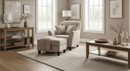 Cozy living room retreat with plush armchair, ottoman, and warm ambient lighting.