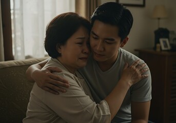 Son Comforting Crying Mother with a Supportive Hug at Home