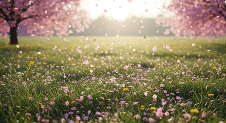 Fototapeta premium Gentle pink cherry blossoms drift onto a lush green meadow bathed in soft sunlight.