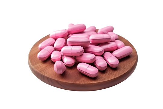Medical pills displayed on wooden surface