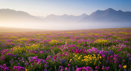 Fototapeta premium Vibrant wildflower meadow bathed in soft morning light with misty mountains