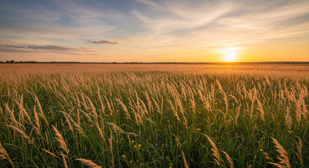 Golden sunset illuminates vast field of swaying grasses under a painted sky