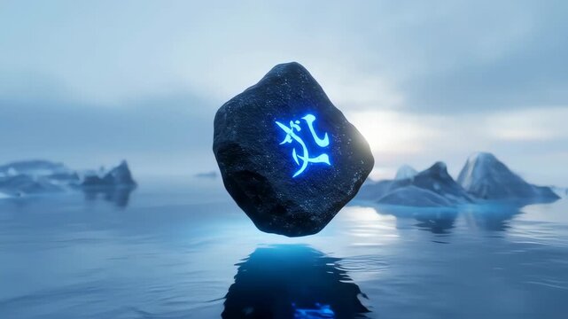 Floating Rune Stone Mystical Symbol Over Calm Waters Fantasy Landscape.
