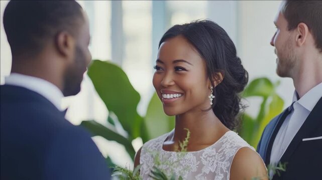 Three people celebrating at a modern indoor wedding, with smiles on their faces. The bride and groom stand close together as the photographer captures the joyous moment.