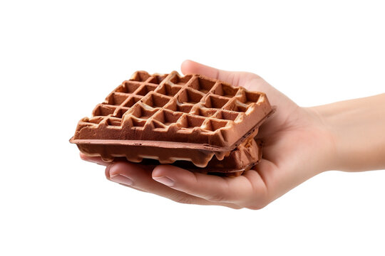 Hand grasping rich chocolate waffles