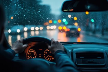 A driver’s hands grip a steering wheel as they navigate a rainy city street at dusk. Bright, blurred headlights and streetlights shimmer through the water-streaked windshield