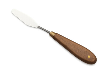 Fototapeta premium Wooden-handled palette knife positioned near painting supplies, preparing vibrant artistic color blending