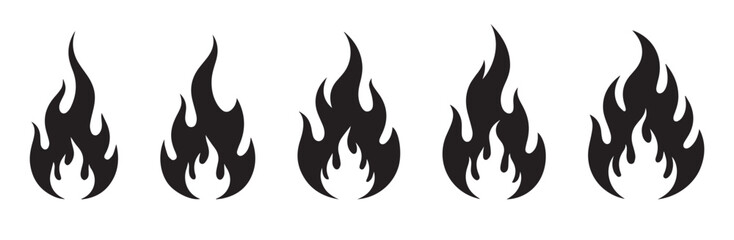 Black Flame Icon Set – Fire Symbol Rating Scale, Burning Energy Clipart for Design & Branding