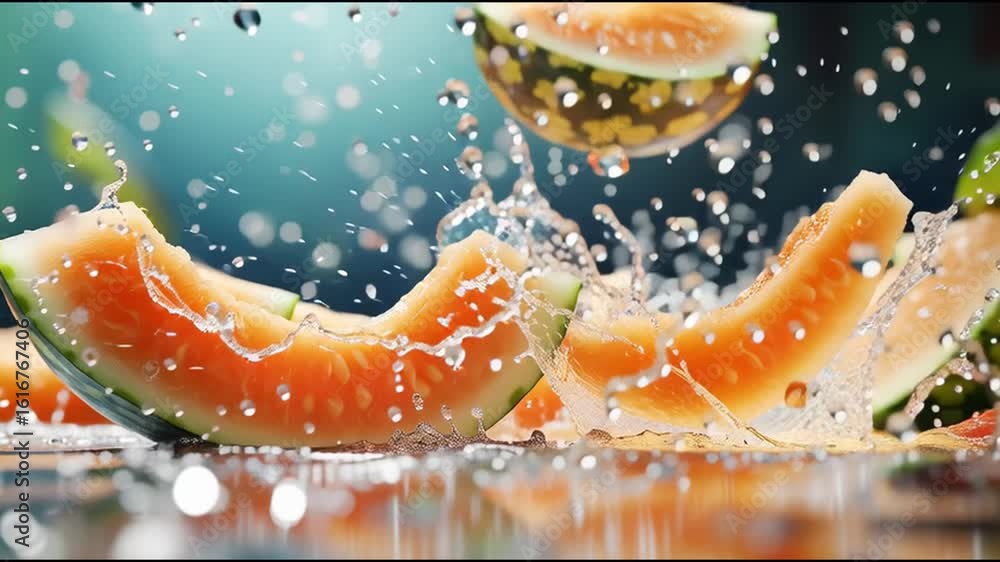Poster juicy melon slices splashing in water create refreshing summer vibes in a colorful setting