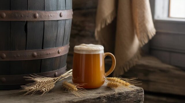 Rustic Beer Mug with Golden Ale, Wheat, and Wooden Barrel in a Warm, Traditional Setting
