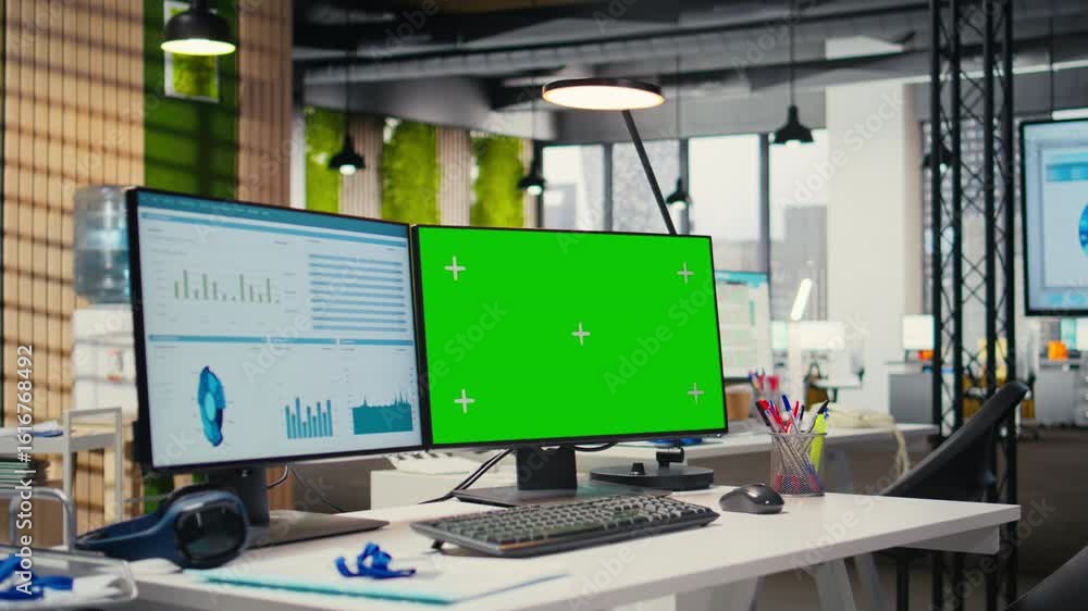 Poster empty corporate workspace features digital resources and mockup screen, space ready for report writi