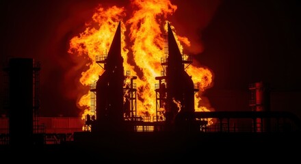 Blazing red and yellow flames forming sharp silhouetted industrial motif energized visual impact.