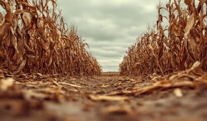 dried disaster agriculture corn or maize field from climate change and air pollution.