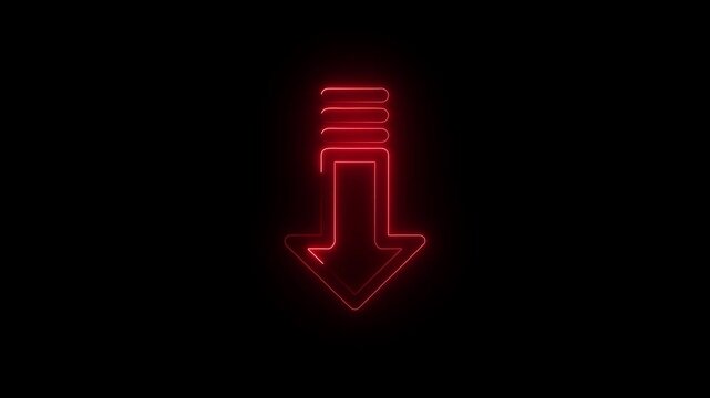 Red Neon Arrow Down Glowing on Black Background Abstract Directional Indicator Symbol Motion Graphic