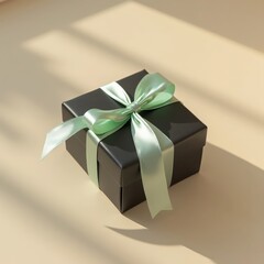 Gift box with green ribbon on a light surface during the afternoon