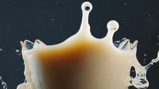 Splashing beverage in a glass against a dark background with dynamic liquid motion captured
