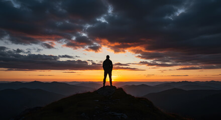 Fototapeta premium Sun-kissed silhouettes of people on a mountain top, embracing the panoramic nature landscape at sunset