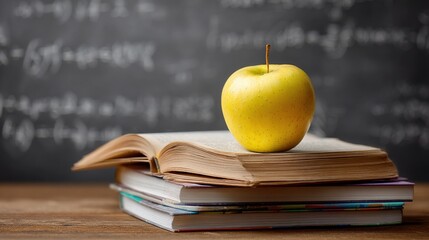 book resting on stacked in front of a chalkboard