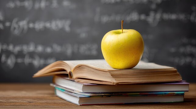book resting on stacked in front of a chalkboard