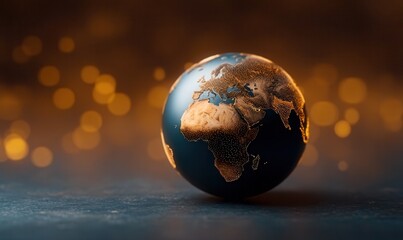 Illuminated earth globe displays africa, europe, and asia with bokeh background