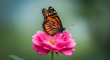 Obraz premium Monarch Butterfly on Rose: The stunning monarch butterfly is perched delicately on a vibrant pink rose, showcasing the beauty of nature in this photorealistic close-up. 
