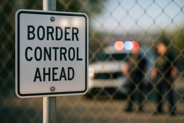 Border Control Sign with Patrol Vehicle and Officers in Background Highlighting Law Enforcement and Security at Checkpoint