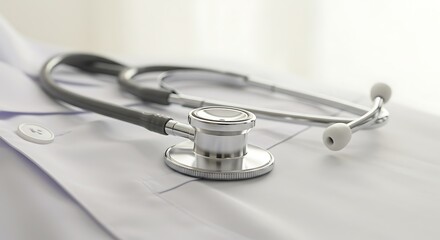 The Heartbeat of Healing: A close-up of a sleek stethoscope resting gently upon a crisp, medical coat, symbolizing health, care, and diagnosis. This image evokes a sense of calm, trust.