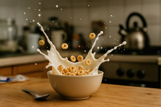 Dynamic Milk Splashing Over Cereal In Kitchen Setting With Cheerios In Beige Bowl On Wooden Table, Capturing Motion And Energy In Everyday Breakfast Scene