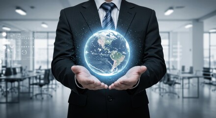Businessman Holding Digital Globe Hologram – Global Technology and Innovation Concept 