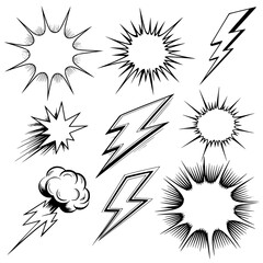 Obraz premium Comic Book Power Burst: A set of dynamic line art illustrations featuring lightning bolts and starburst explosions, perfect for graphic design and comic book projects.