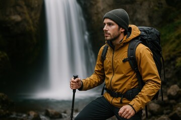 Adventurous Hiker in Vibrant Jacket Near Majestic Waterfall Capturing Nature's Serenity and Wilderness in Autumn Setting for Travel Enthusiasts and Adventure Seekers in Breathtaking Landscape