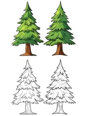 Obraz premium Cartoon Pine Trees Illustrations Set with Outlines
