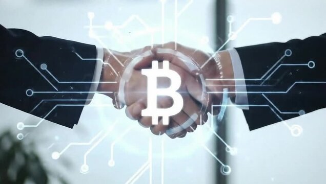 Blockchain Bitcoin Collaboration: Capturing a digital handshake, symbolizing a seamless financial transaction