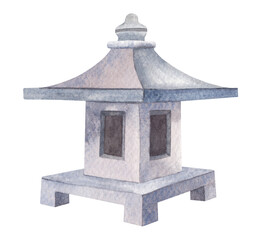  Watercolor illustration of a traditional Japanese stone lantern with a straight roof and rectangular windows. Perfect for garden design, Zen themes, and Asian culture-inspired artwork.