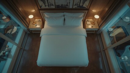 Fototapeta premium Top-Down View of a Luxurious Hotel Bedroom with Nightstands and Lamps 