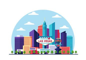 flat style picturesque illustration of Las Vegas cityscape showcasing vibrant hotels and casinos against a bright, slightly cloudy sky. Perfect for Nevada travel and entertainment themes © meeblues