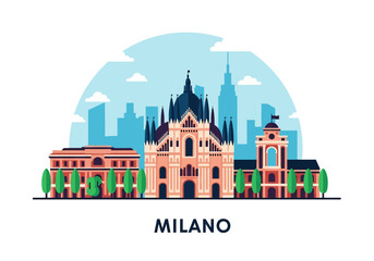 flat style picturesque illustration of Milan cityscape showcasing the Duomo and historic buildings against a bright, slightly cloudy sky. Perfect for Italy travel and cultural themes