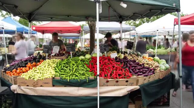 Organic Market Display: A vibrant farmers market scene showcasing a rich array of fresh produce. Capturing a kaleidoscope of colors in a sunlit atmosphere