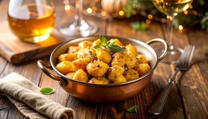 Golden potato gnocchi with herbs in a copper bowl on a rustic wooden table