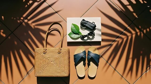 Arranging Summer Accessories under Palm Shadow Overhead Still Life