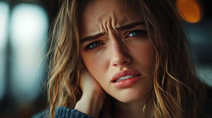 Blonde woman frowning and touching her jaw. Pained expression suggests severe toothache or gum issue. Close-up in natural light. Toothache Day awareness concept